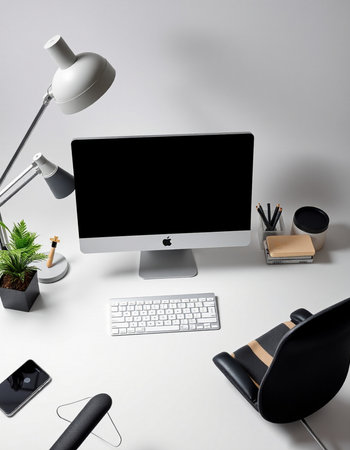 Modern workspace with computer, keyboard, mouse, coffee cup and other items. 3D Renderingの写真素材