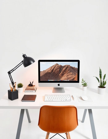 workplace with computer on a white table, 3d rendering, mock up