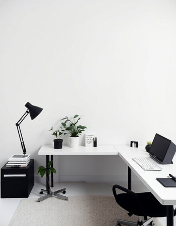 Modern office interior with white walls, concrete floor, white computer desk and black chair. 3d renderの写真素材