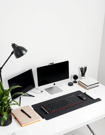 workplace with computer, lamp and stationery on table in officeの写真素材