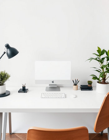 Minimalistic workplace with computer, coffee table and other items. Workplace conceptの写真素材