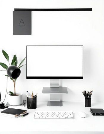 Modern workspace with blank screen computer, stationery and decorations. Mock up, 3D Renderingの写真素材