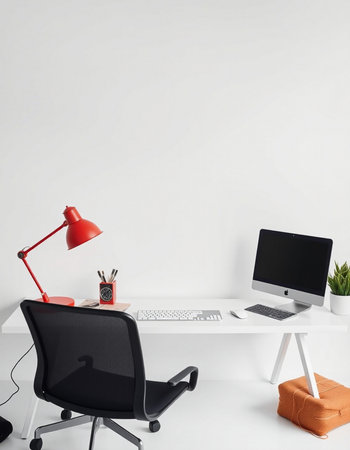 workplace with computer, lamp and office supplies isolated on white backgroundの写真素材