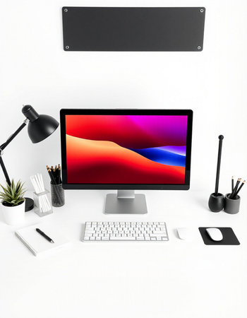 Modern workspace with computer on white desk, clipping path included. 3d render