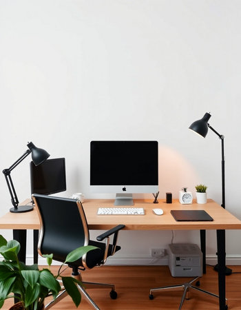 workplace with computer, lamp and coffee cup on tableの写真素材