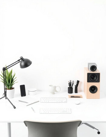 Minimalistic workplace with computer, speakers, coffee cup and other itemsの写真素材