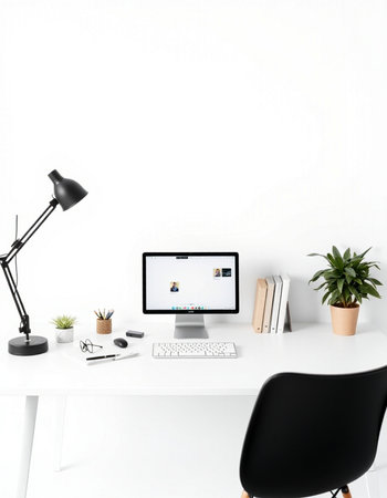 workplace with computer, lamp and stationery. 3d renderingの写真素材