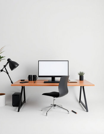 Modern workplace with computer on table, lamp and plant. Mock up
