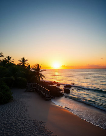 Beautiful sunset on the beach with palm trees and blue sky.の写真素材