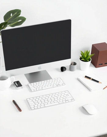 Modern workspace with computer, keyboard, mouse, coffee cup and other items. Flat lay, top viewの写真素材