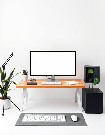 Modern workspace with blank computer monitor, keyboard, mouse and decorative plants. 3d renderの写真素材
