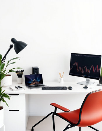 Office workplace with computer and stock market chart on screen. 3d renderの写真素材