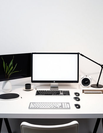 Designer desktop with blank computer screen, mouse, keyboard and other itemsの写真素材