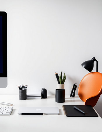 Front view of modern designer desktop with blank computer screen, stationery and other items. Mock...