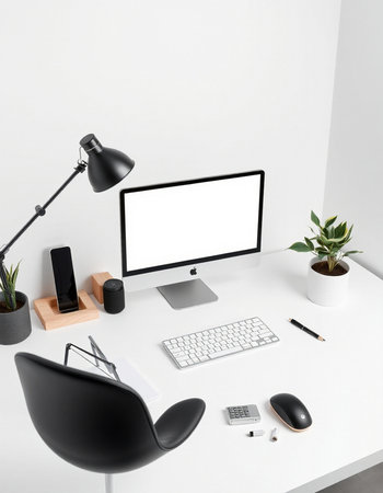 Modern workplace with computer, keyboard, mouse and accessories on white background. 3d renderの写真素材
