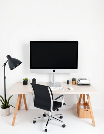 Modern workspace with blank computer monitor and office accessories.