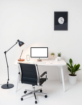 workplace with computer, lamp and plant on white table in office