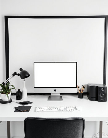 Workplace with blank screen computer, keyboard, mouse, lamp and stationery on white tableの写真素材