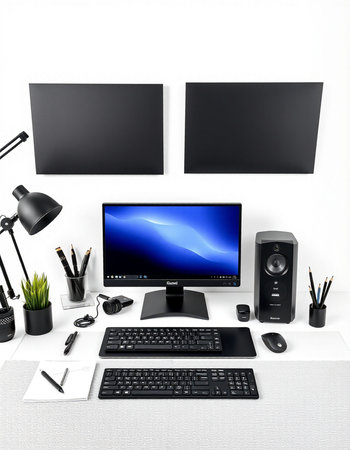 Modern workspace with computer monitor, keyboard, mouse and other office objects