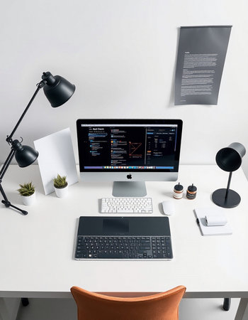 Modern workspace with computer and coffee cup on table. 3d rendering.