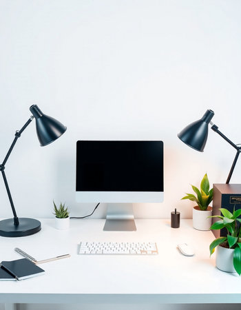 Minimalistic workplace with computer, keyboard, coffee cup and other items. 3D Rendering
