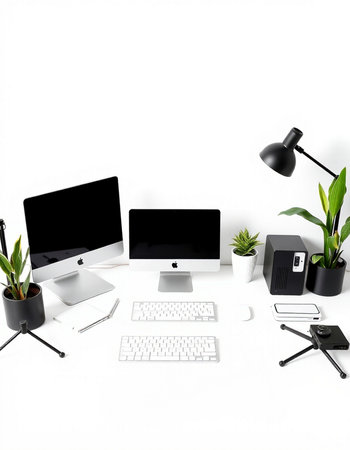 Modern workplace with computer, keyboard, mouse, lamp and plant isolated on white backgroundの写真素材