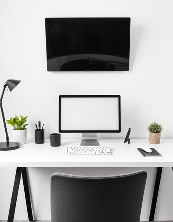 Workplace with modern computer on table near white wall. 3d rendering