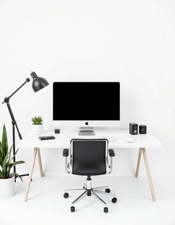 workplace with computer, lamp and plant. 3d rendering.