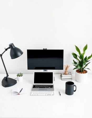 Modern workspace with laptop, coffee cup, stationery and plant. Mock up