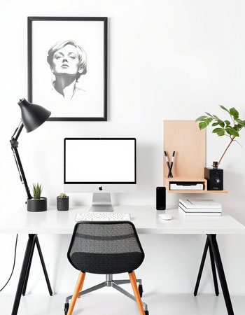 workplace with computer, lamp, books, lamp and plant on white table