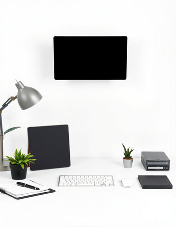 Modern workspace with computer, keyboard, mouse, tablet, coffee cup and plant on white background