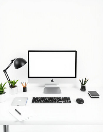 Modern workplace with blank screen computer, supplies and coffee cup on white table