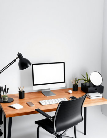 Workplace with computer, lamp and office supplies. 3d rendering