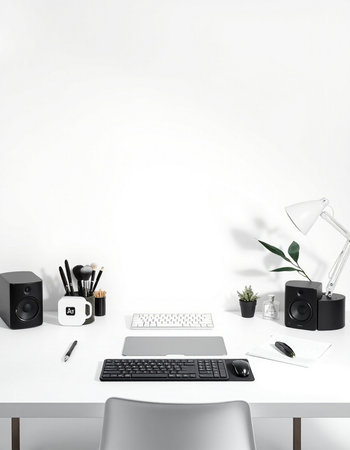 workplace with computer, keyboard, mouse, camera, stationery and plants on white backgroundの写真素材