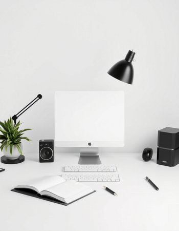 Workplace with computer, keyboard, mouse, lamp, notebook and coffee cup on white backgroundの写真素材