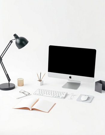 3D Rendering : illustration of modern workspace with blank computer screen, stationery, notebook and lamp on white backgroundの写真素材