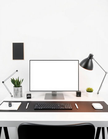 Modern workspace with blank screen computer on table and white wall. 3D Rendering