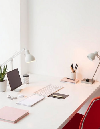 workplace with computer, notebook, stationery and lamp on table