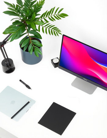 Minimalistic workspace with computer, stationery and plant on white background