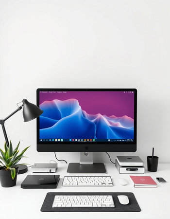 Modern desktop with computer, keyboard, mouse, coffee cup and other itemsの写真素材