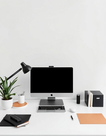 Modern workspace with blank computer screen, stationery and decorations on white table. Mock up, 3D...