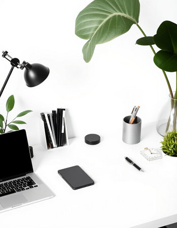 Modern workplace with laptop, mobile phone, stationery and plant on white background