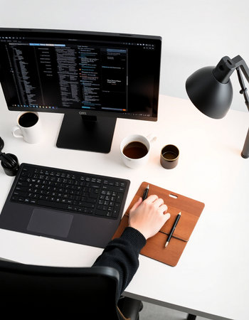 top view of programmer working with graphic tablet and computer at desk in office