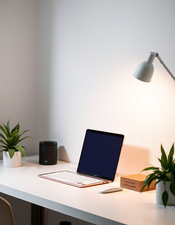 Workplace with laptop, coffee cup and plant on table in office