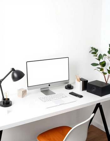 Modern workspace with blank screen computer, stationery and decorations. Mock up