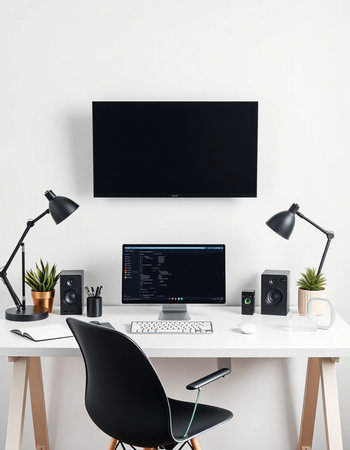 Modern workspace with computer monitor, coffee cup and other items. Mock up