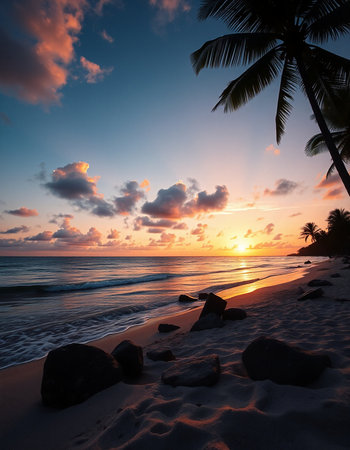 Beautiful sunset on a tropical beach with palm trees and rocks.