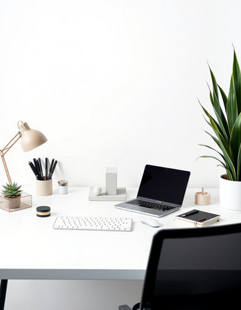 workplace with laptop, stationery and plant on white wall backgroundの写真素材