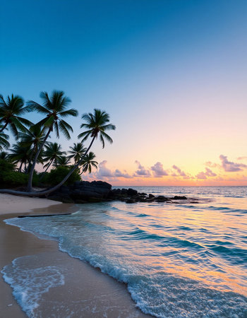 Beautiful tropical beach with coconut palm tree at sunset, Seychellesの写真素材