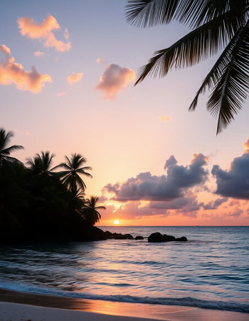 Beautiful sunset on the beach with palm trees silhouettes, Seychelles